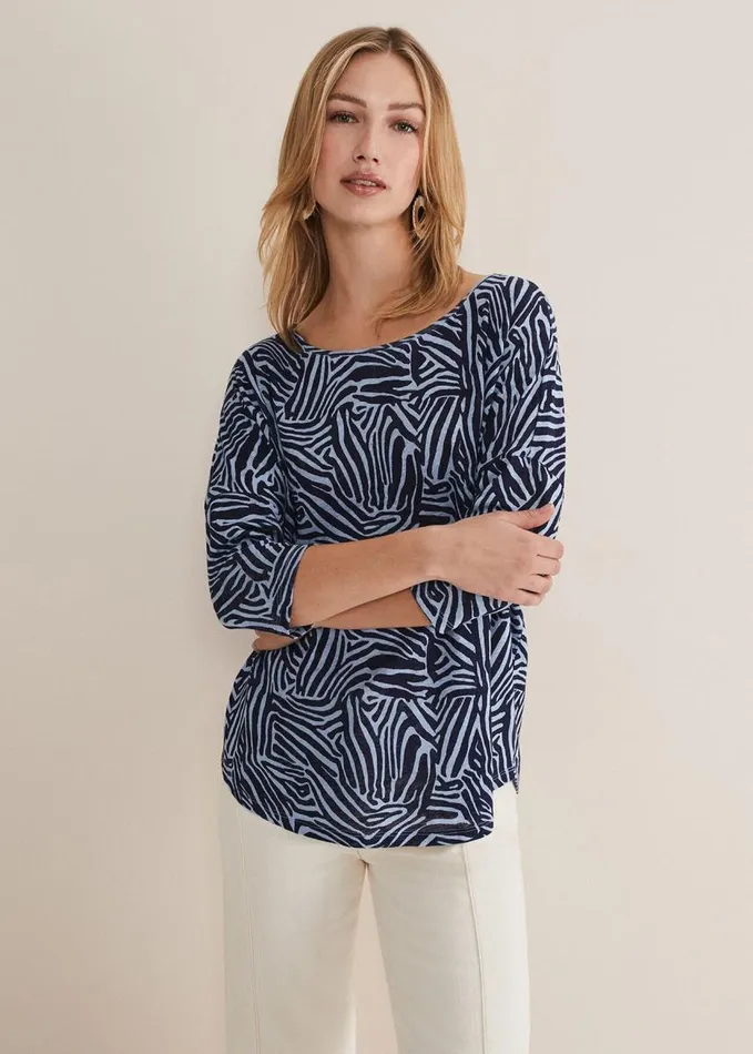 Phase Eight Moire Linen Zebra Print Top Blue Women Tops and TShirts