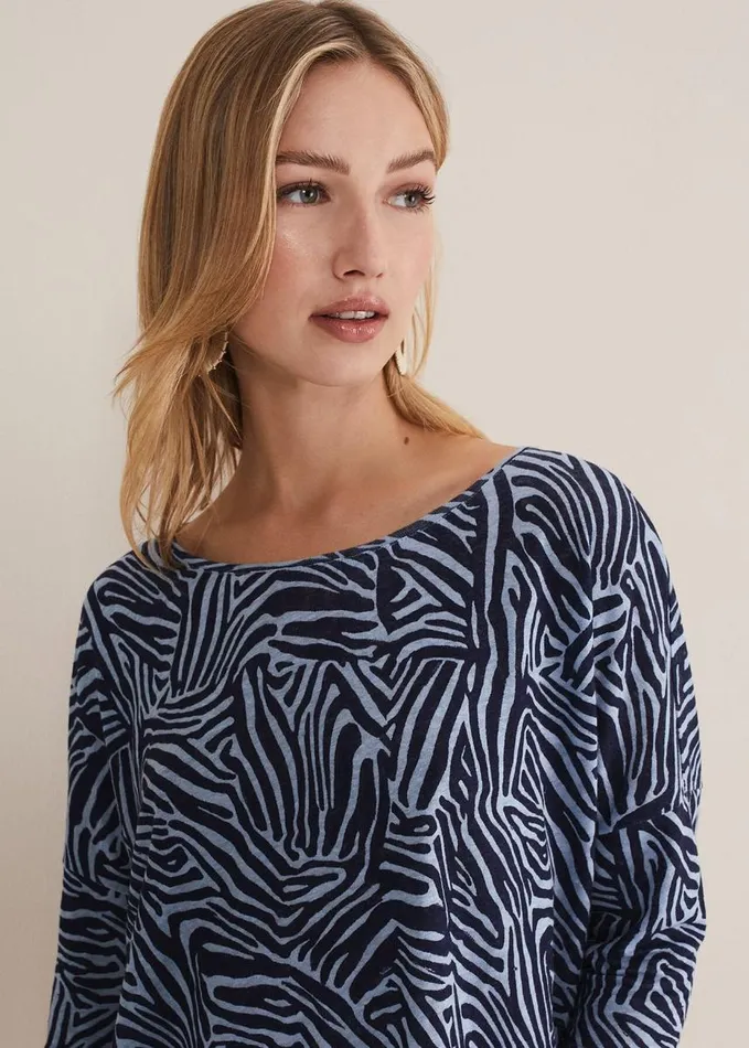 Phase Eight Moire Linen Zebra Print Top Blue Women Tops and TShirts