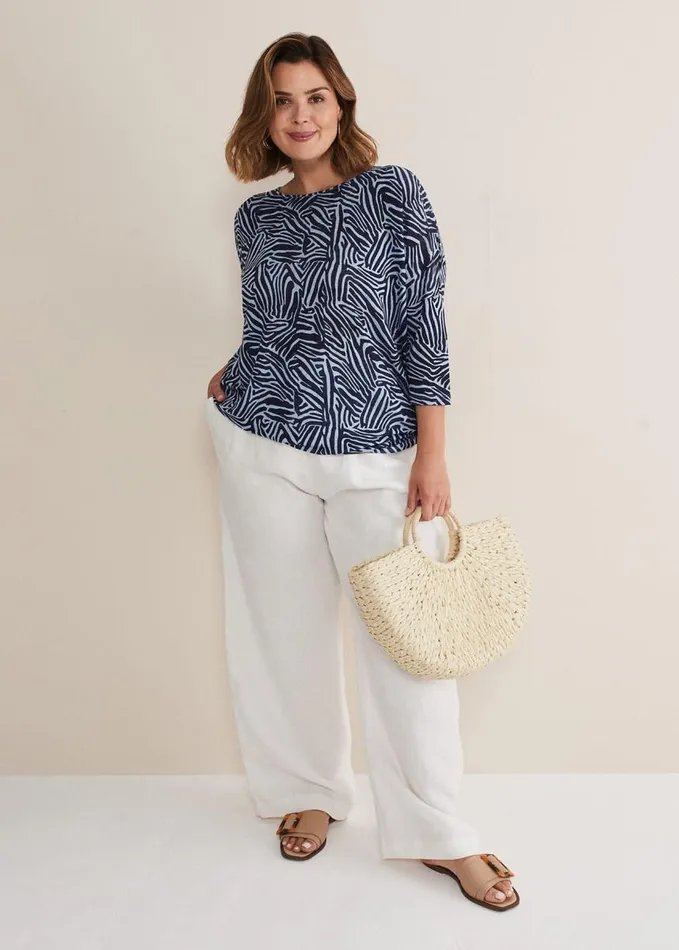 Phase Eight Moire Linen Zebra Print Top Blue Women Tops and TShirts