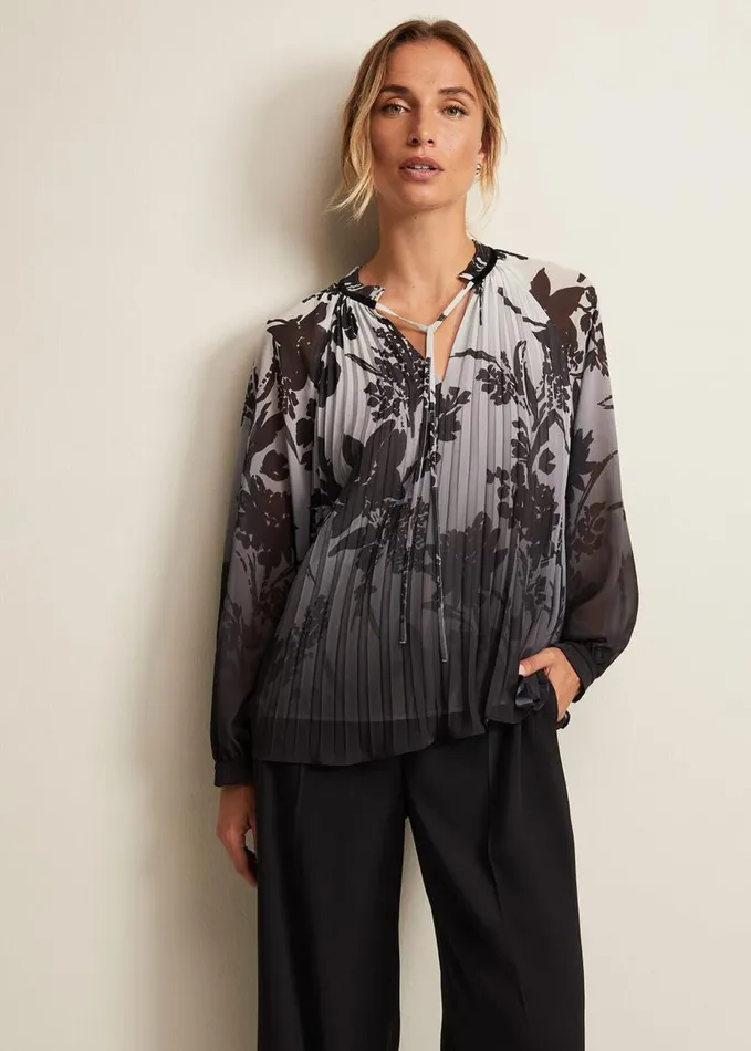 Phase Eight Nayla Shadow Floral Pleat Top Grey Women Shirts and Blouses