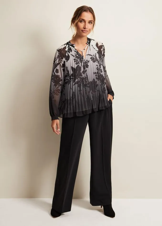 Phase Eight Nayla Shadow Floral Pleat Top Grey Women Shirts and Blouses