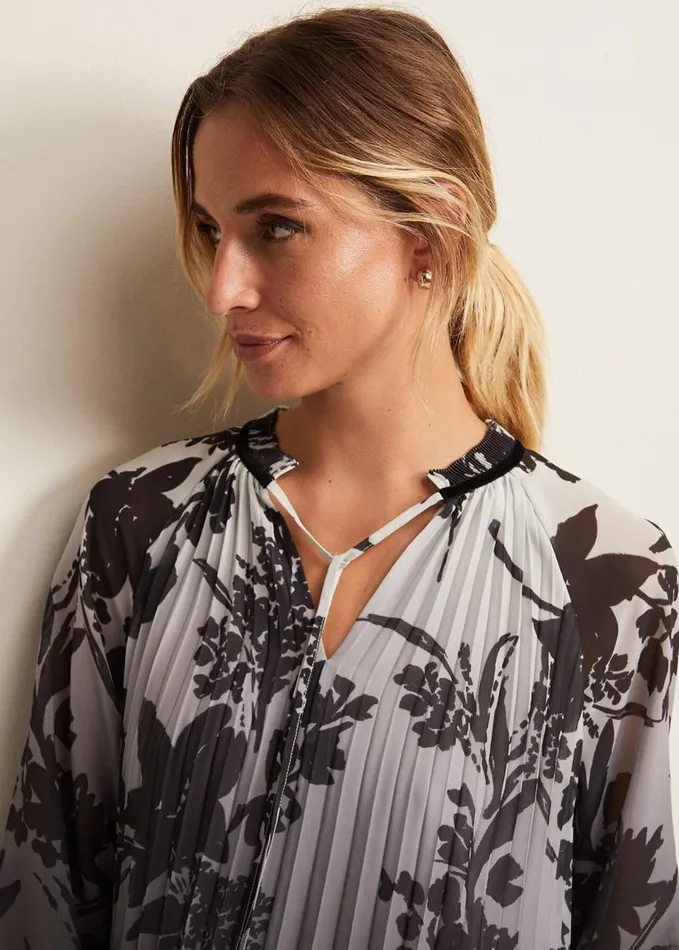 Phase Eight Nayla Shadow Floral Pleat Top Grey Women Shirts and Blouses