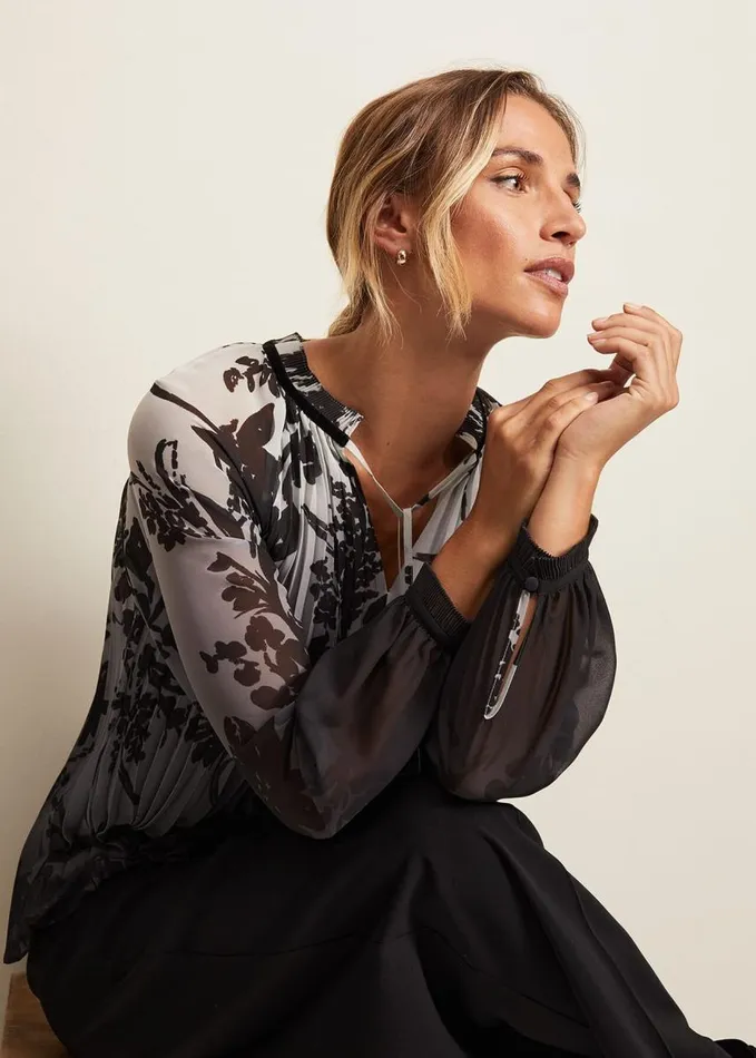 Phase Eight Nayla Shadow Floral Pleat Top Grey Women Shirts and Blouses