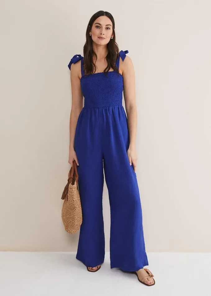 Phase Eight Ona Linen Shirred Wide Leg Jumpsuit Cobalt Women Dresses