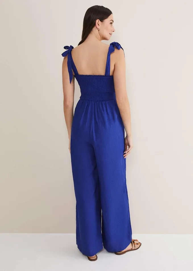 Phase Eight Ona Linen Shirred Wide Leg Jumpsuit Cobalt Women Dresses