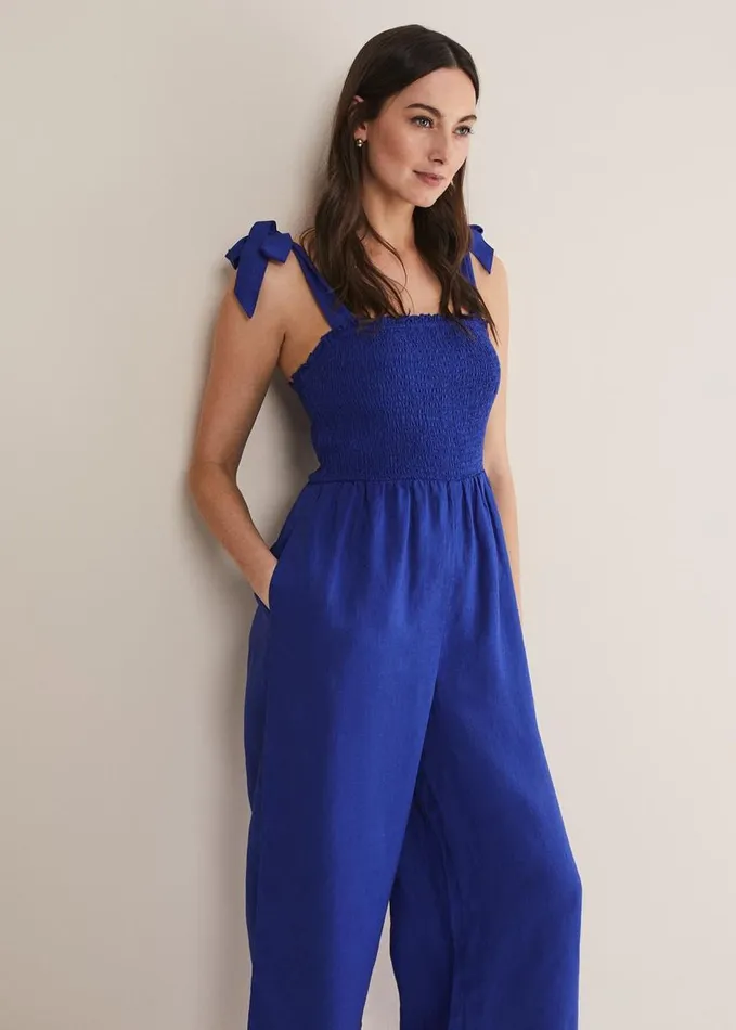 Phase Eight Ona Linen Shirred Wide Leg Jumpsuit Cobalt Women Dresses