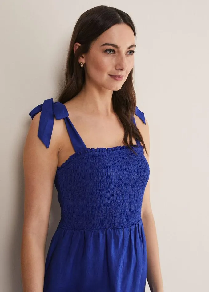 Phase Eight Ona Linen Shirred Wide Leg Jumpsuit Cobalt Women Dresses