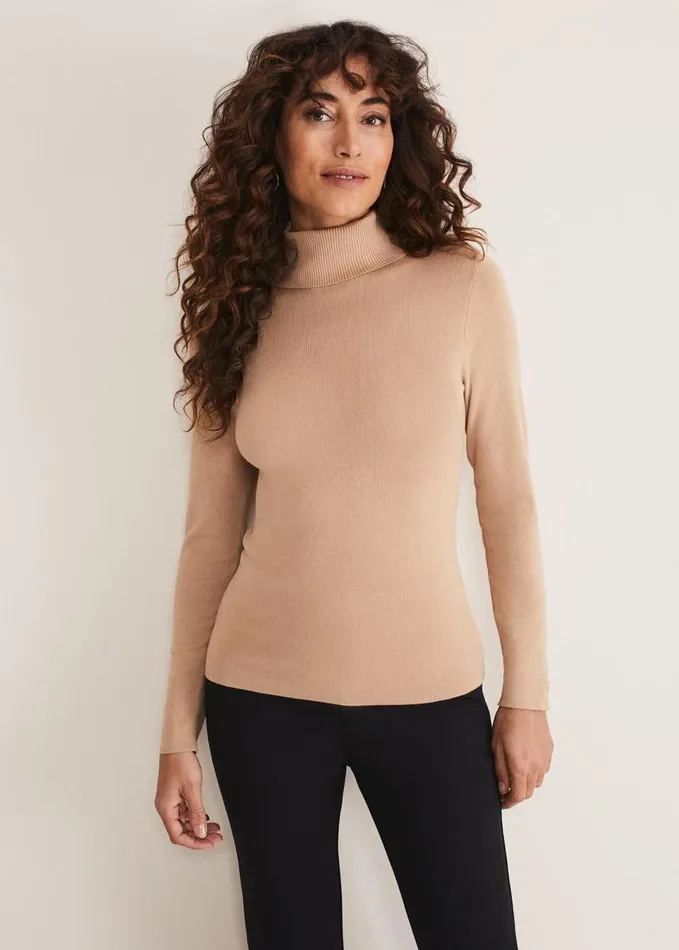 Phase Eight Ottilie Button Detail Roll Neck Knit Camel Women Knitwear