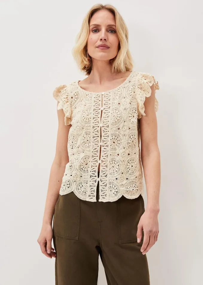 Phase Eight Paulie Crochet Pattern Knit Top Neutral Women Knitwear