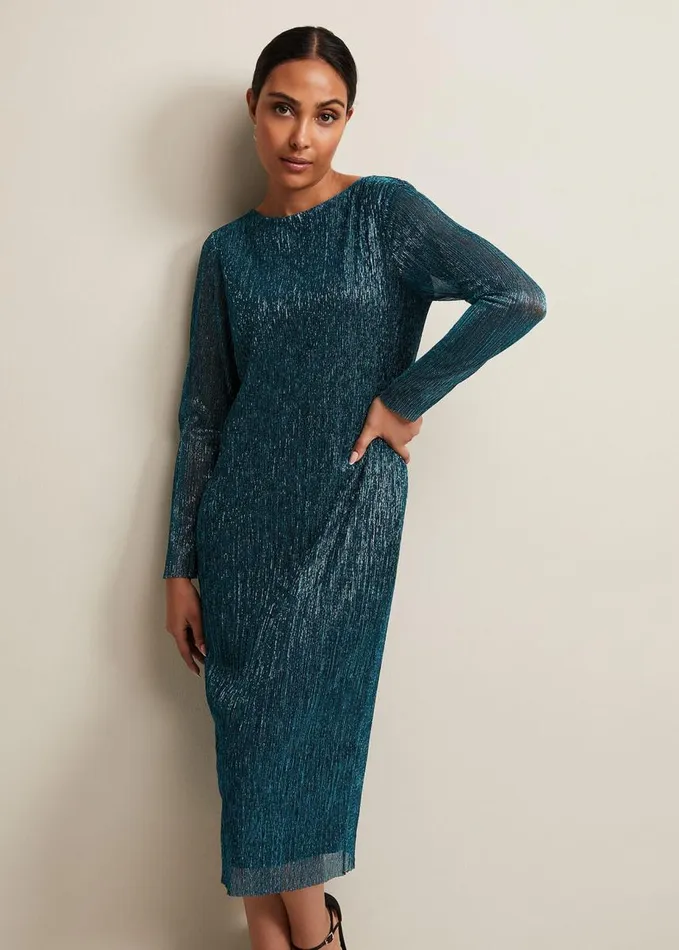 Phase Eight Petite Alix Plisse Dress Blue Women Dresses