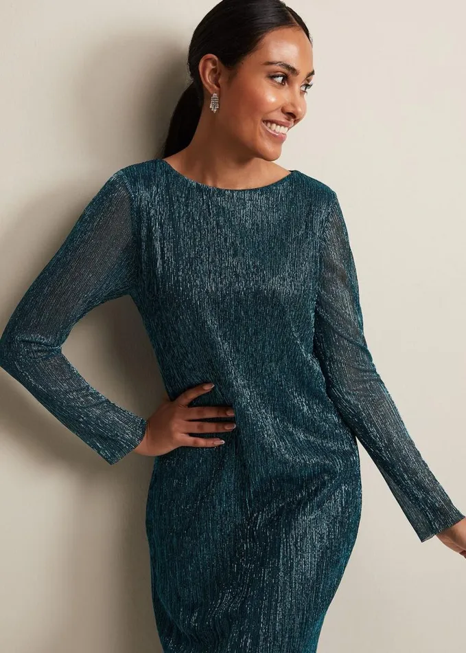 Phase Eight Petite Alix Plisse Dress Blue Women Dresses
