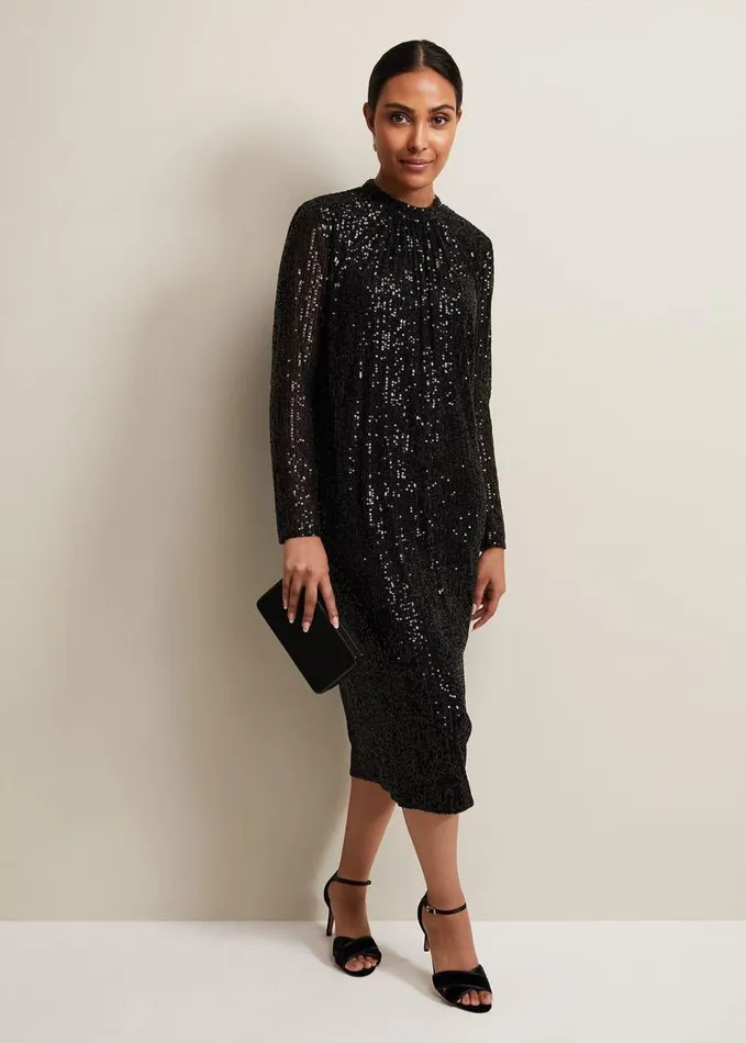 Phase Eight Petite Cindy Black Sequin Midi Dress Black Women Dresses