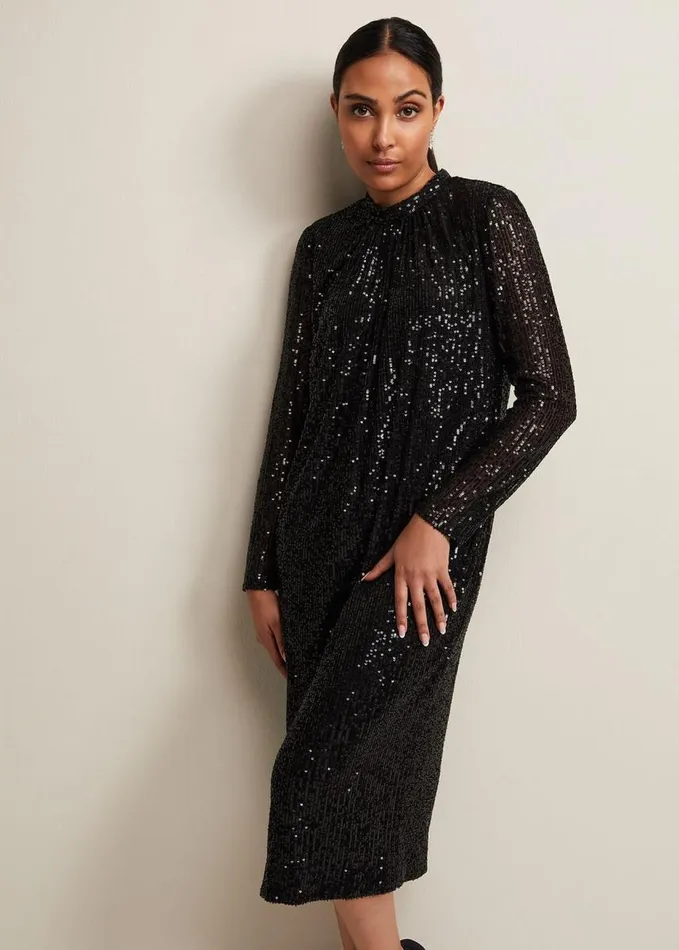 Phase Eight Petite Cindy Black Sequin Midi Dress Black Women Dresses