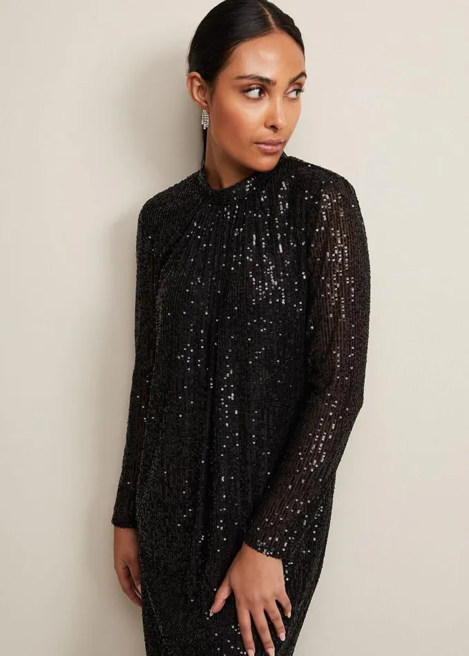 Phase Eight Petite Cindy Black Sequin Midi Dress Black Women Dresses