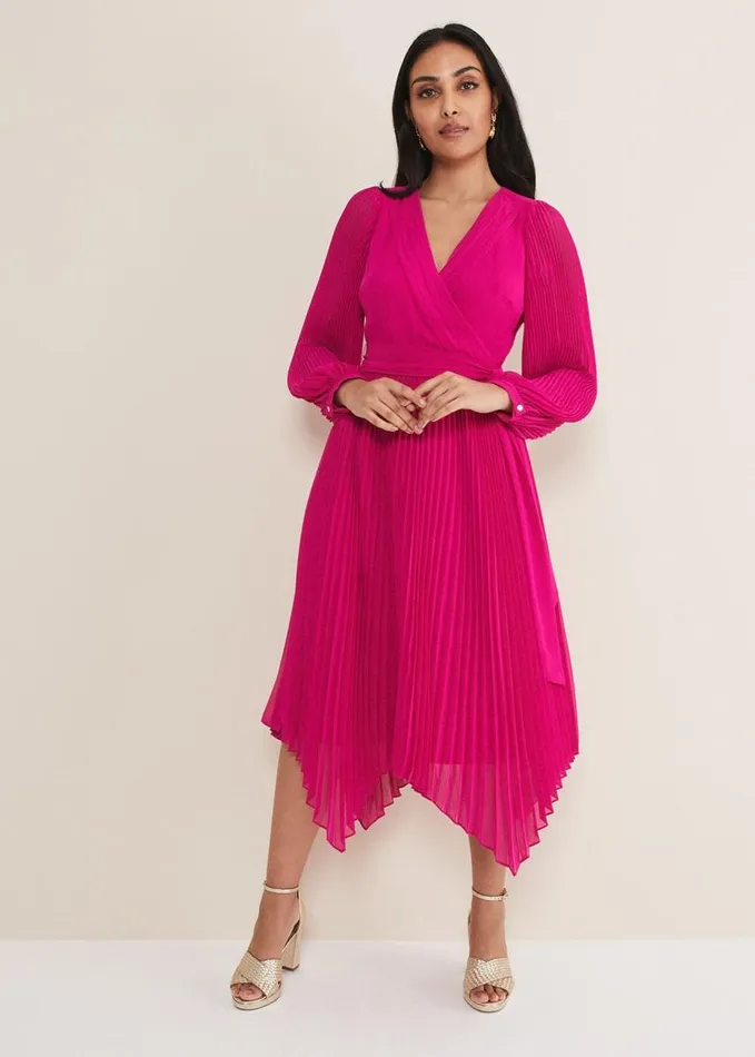 Phase Eight Petite Petra Wrap Pleated Midi Dress Magenta Women Dresses