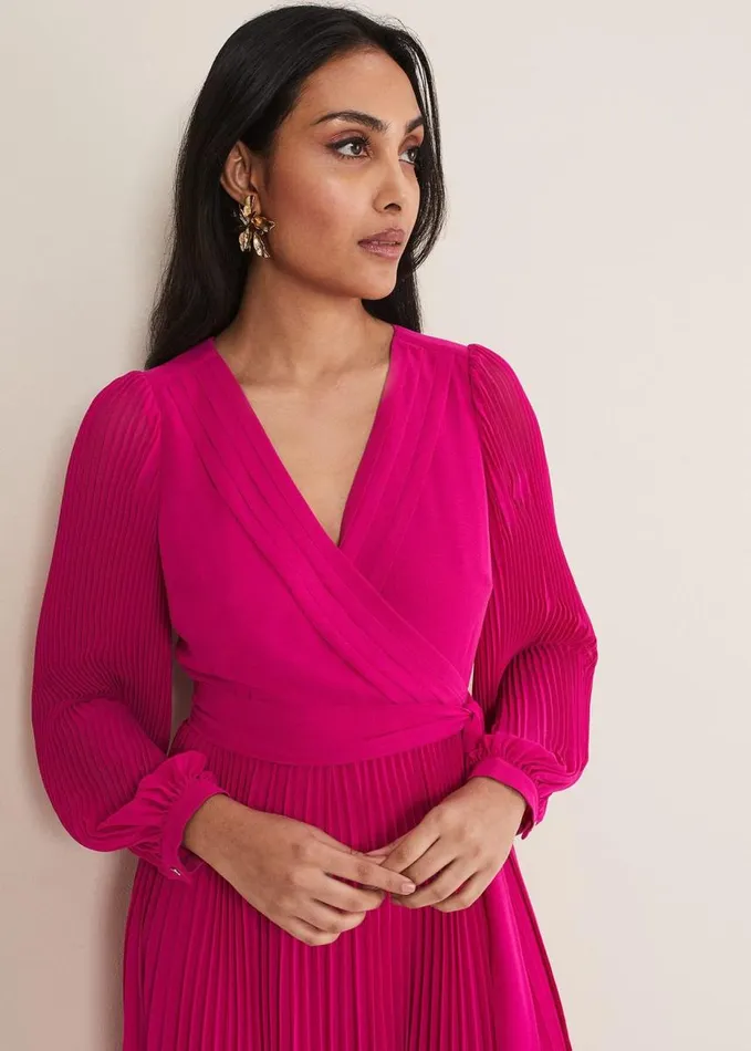 Phase Eight Petite Petra Wrap Pleated Midi Dress Magenta Women Dresses