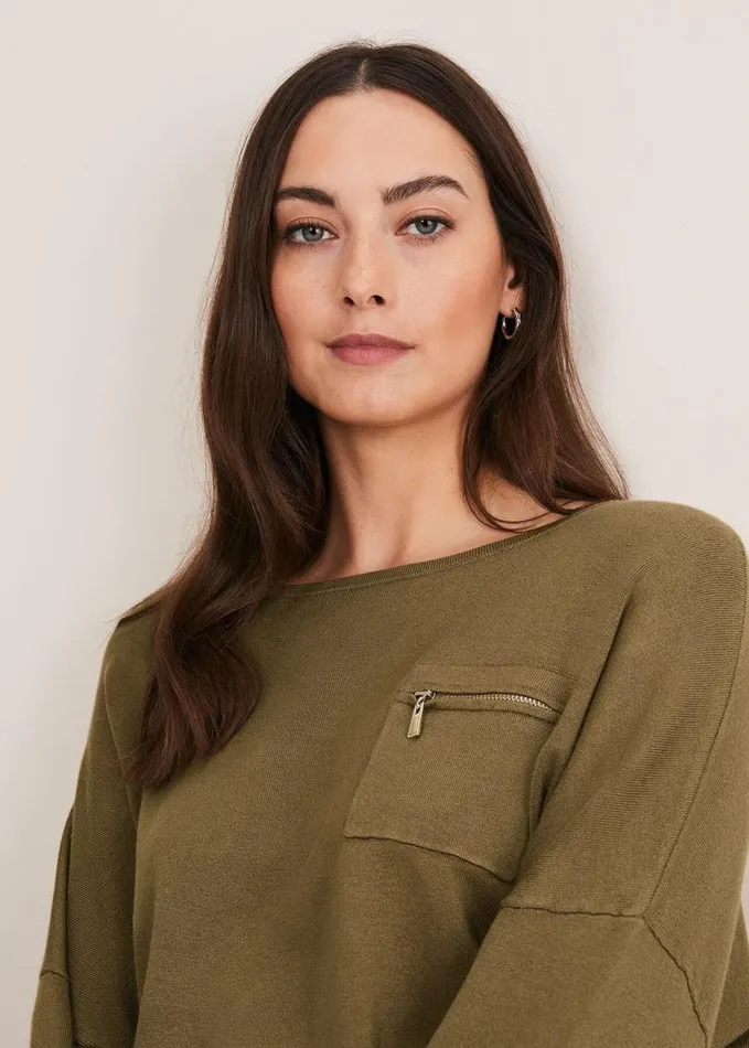 Phase Eight Rose Pocket Trim Knit Olive Women Knitwear