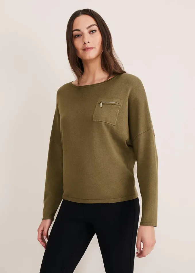 Phase Eight Rose Pocket Trim Knit Olive Women Knitwear