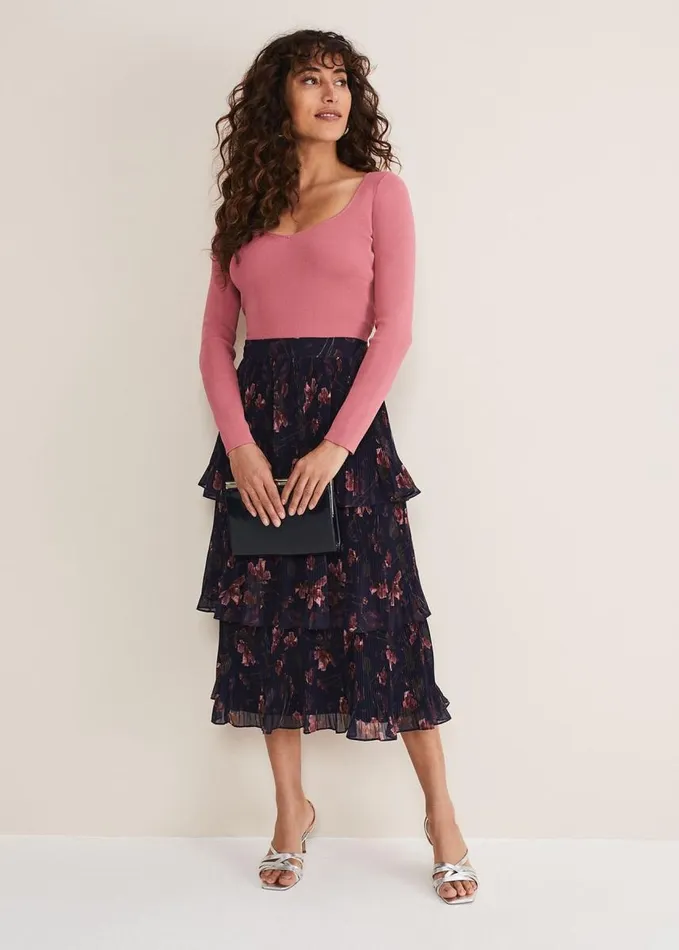 Phase Eight Selena Tiered Printed Skirt Navymulti Women Skirts