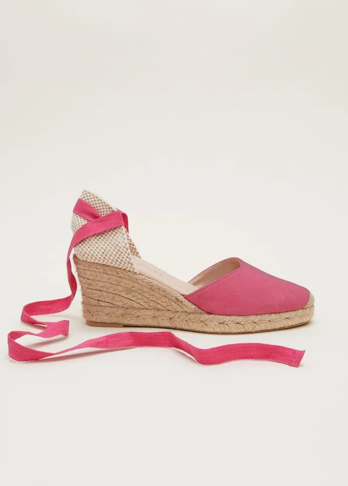 Phase Eight Suede Ankle Tie Espadrille Shoes Bright Pink Women Heels