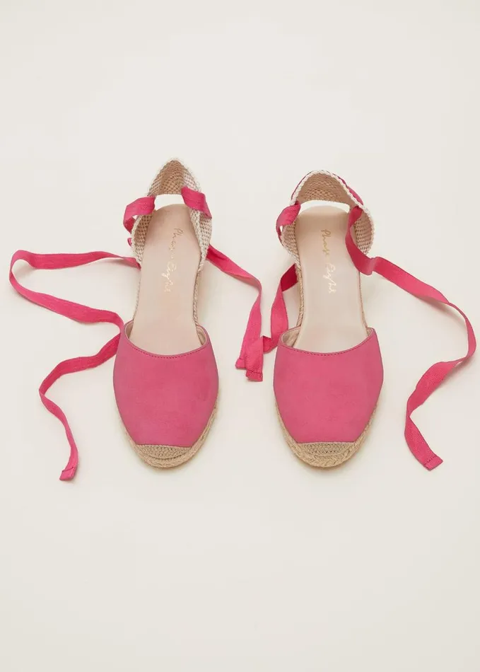 Phase Eight Suede Ankle Tie Espadrille Shoes Bright Pink Women Heels