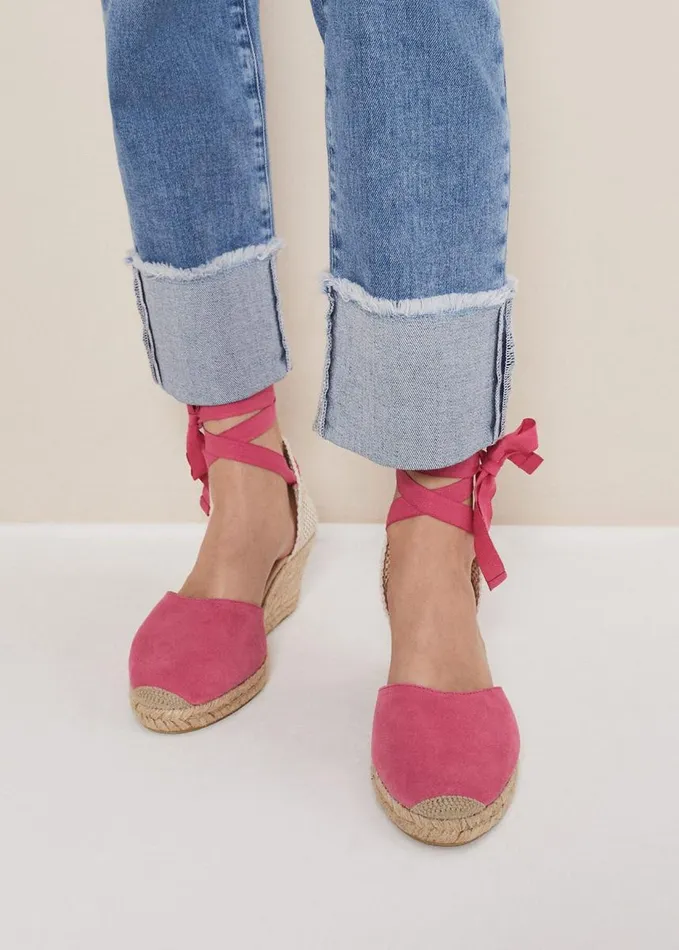 Phase Eight Suede Ankle Tie Espadrille Shoes Bright Pink Women Heels