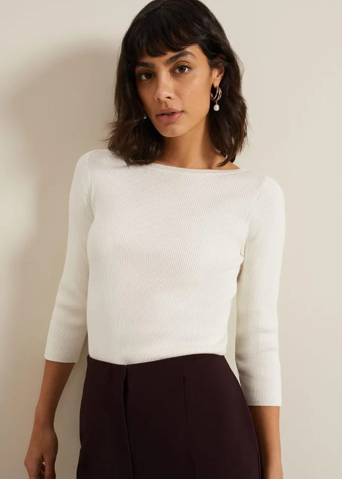 Phase Eight Tannah Ribbed Slash Neck Top Ivory Women Knitwear