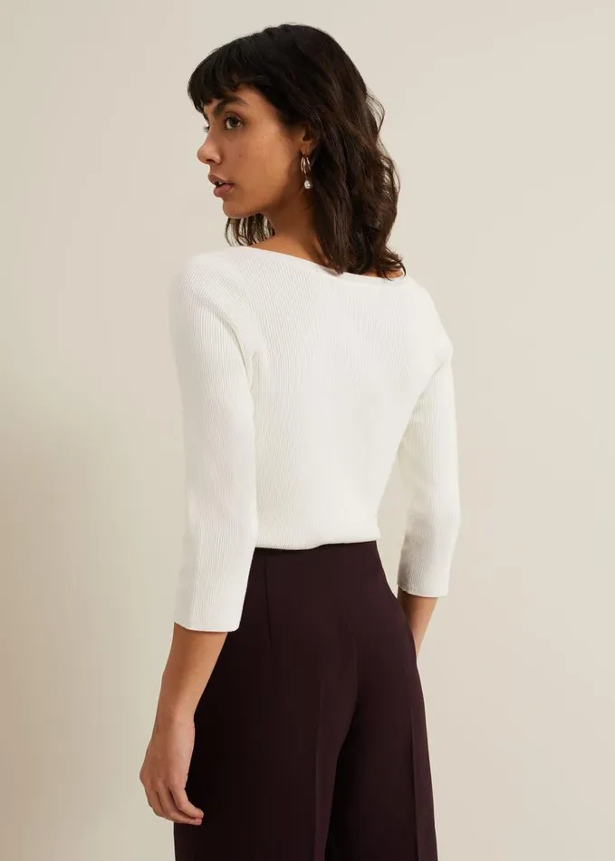 Phase Eight Tannah Ribbed Slash Neck Top Ivory Women Knitwear