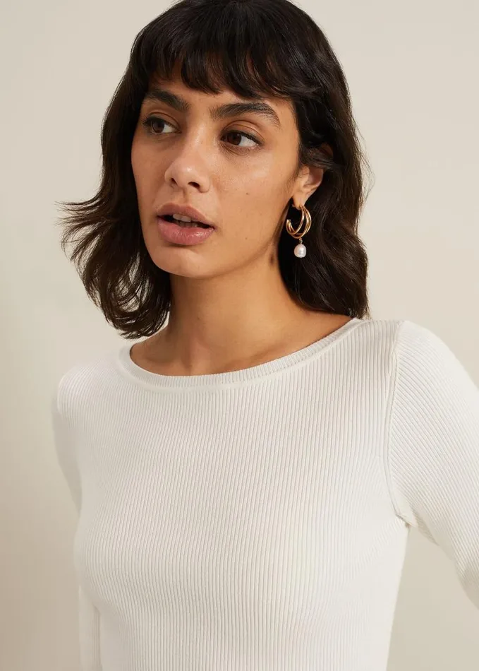 Phase Eight Tannah Ribbed Slash Neck Top Ivory Women Knitwear