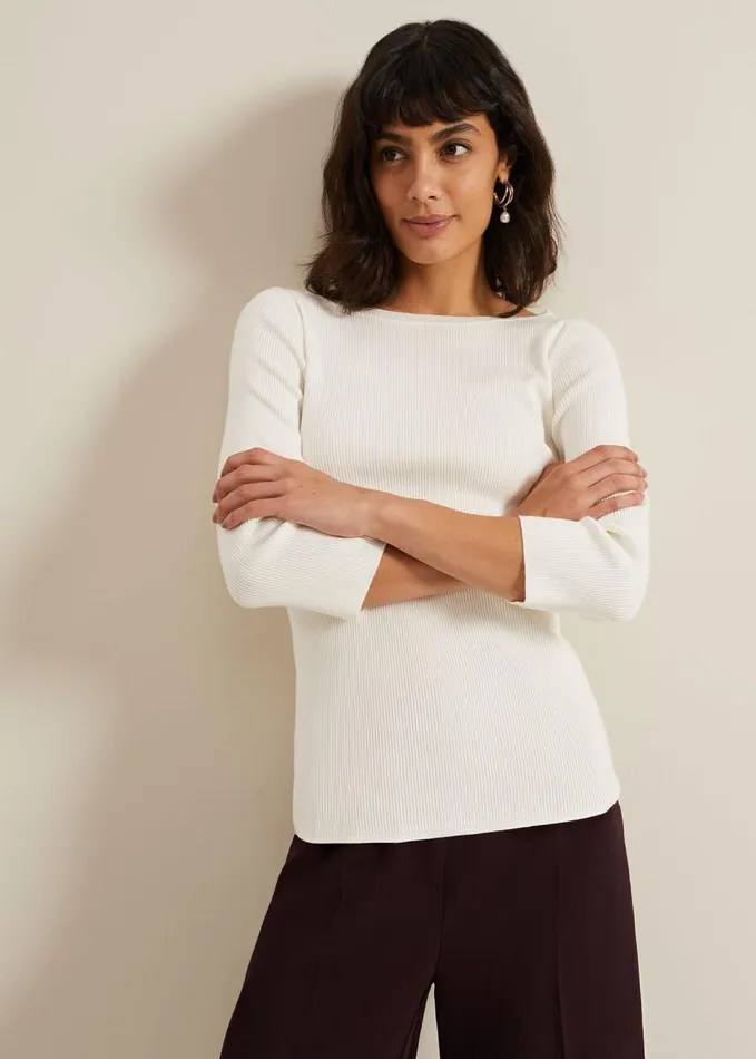 Phase Eight Tannah Ribbed Slash Neck Top Ivory Women Knitwear