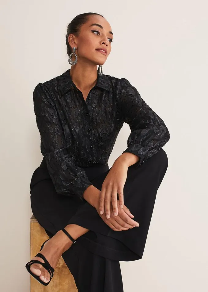 Phase Eight Tate Leopard Jacquard Blouse Black Women Shirts and Blouses