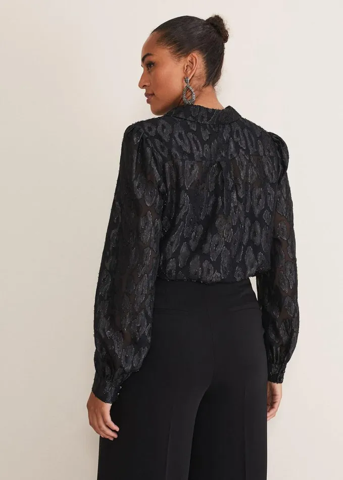 Phase Eight Tate Leopard Jacquard Blouse Black Women Shirts and Blouses
