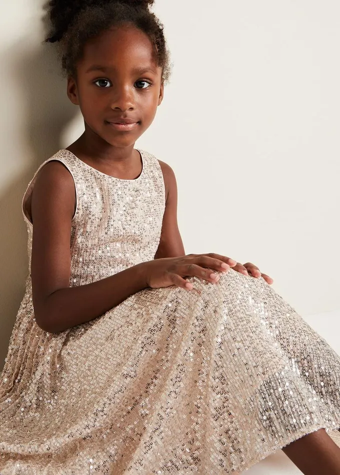 Phase Eight Tiana Sequin Pleat Dress Gold Women Childrenswear