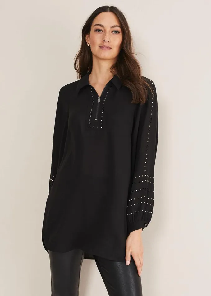 Phase Eight Tullulah Heatfix Sleeve Tunic Blouse Black Women Shirts and Blouses
