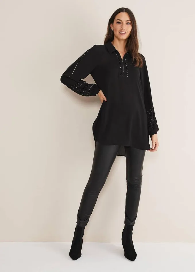 Phase Eight Tullulah Heatfix Sleeve Tunic Blouse Black Women Shirts and Blouses