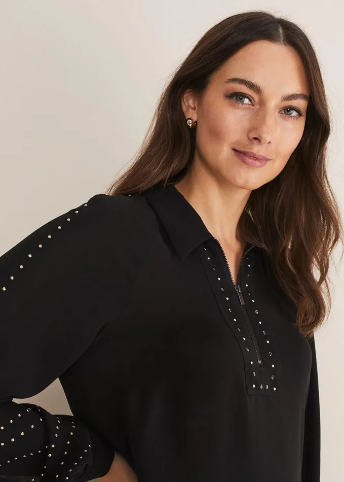 Phase Eight Tullulah Heatfix Sleeve Tunic Blouse Black Women Shirts and Blouses