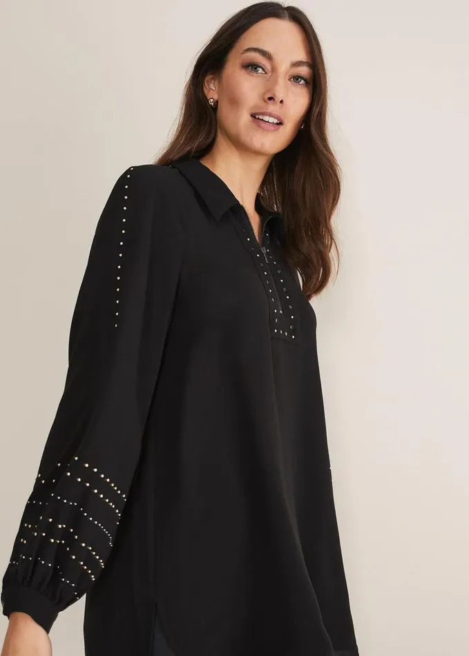 Phase Eight Tullulah Heatfix Sleeve Tunic Blouse Black Women Shirts and Blouses