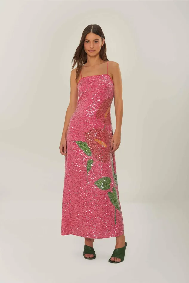 Pink Anthurium Flowers Slip Maxi Dress Women Farm Rio Maxi Dresses