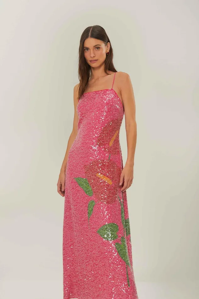 Pink Anthurium Flowers Slip Maxi Dress Women Farm Rio Maxi Dresses