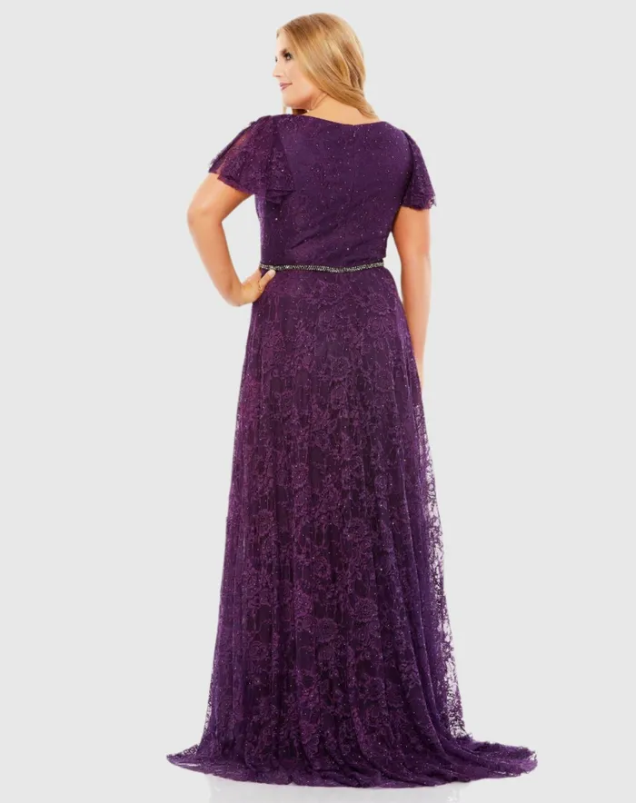 Plus Size Dresses Embellished Flutter Sleeve Evening Gown Plus Aubergine 8211 Mac Duggal Women