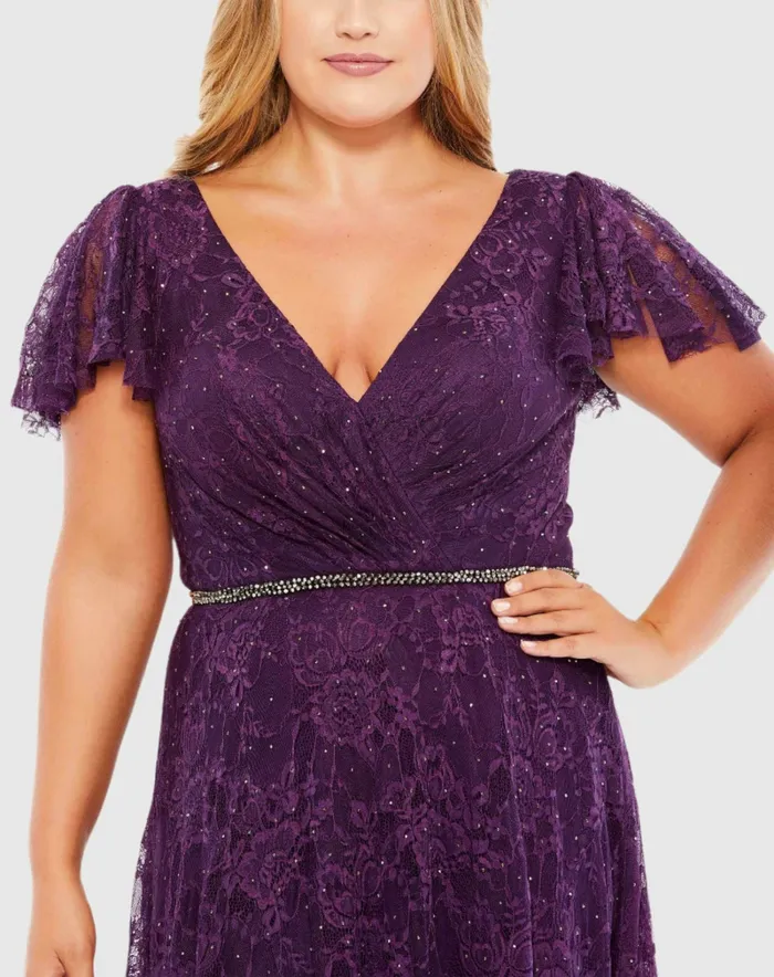 Plus Size Dresses Embellished Flutter Sleeve Evening Gown Plus Aubergine 8211 Mac Duggal Women