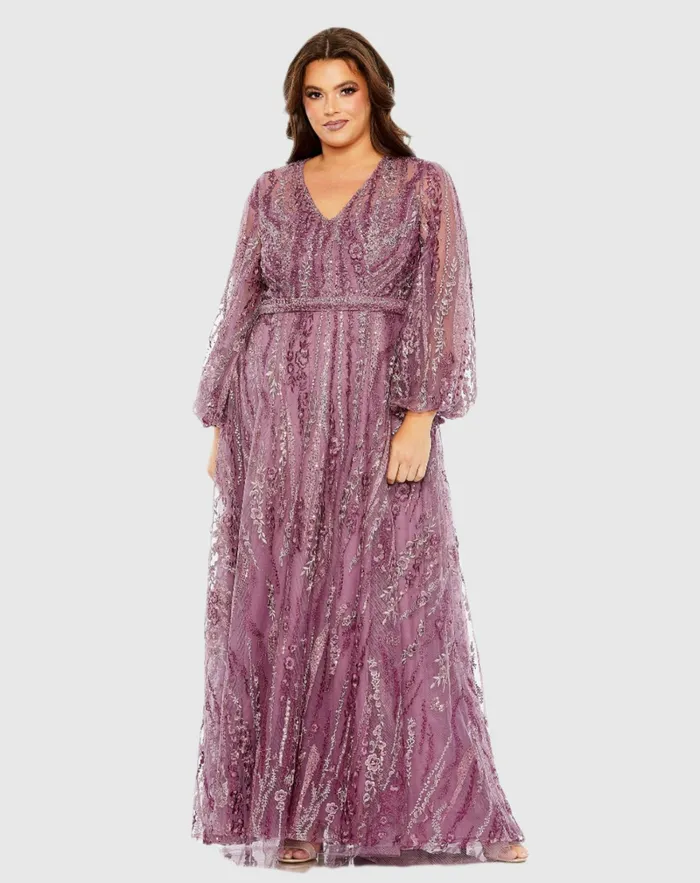 Plus Size Dresses Mac Duggal Women V Neck Puff Sleeve Embroidered A Line Gown Mauve