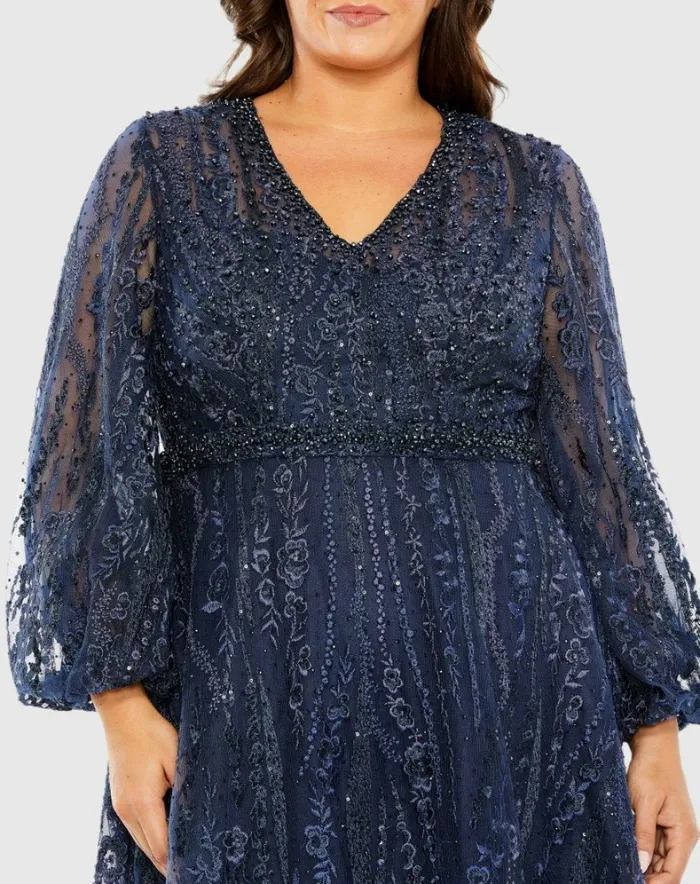 Plus Size Dresses Mac Duggal Women V Neck Puff Sleeve Embroidered A Line Gown Mauve