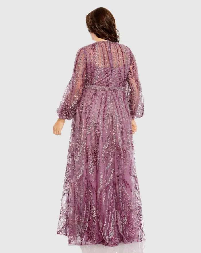 Plus Size Dresses Mac Duggal Women V Neck Puff Sleeve Embroidered A Line Gown Mauve