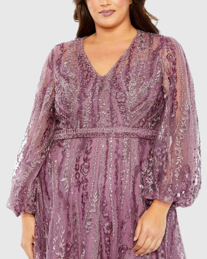 Plus Size Dresses Mac Duggal Women V Neck Puff Sleeve Embroidered A Line Gown Mauve
