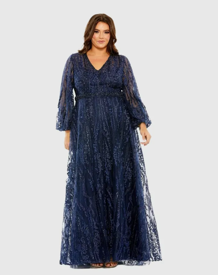 Plus Size Dresses Mac Duggal Women V Neck Puff Sleeve Embroidered A Line Gown Mauve