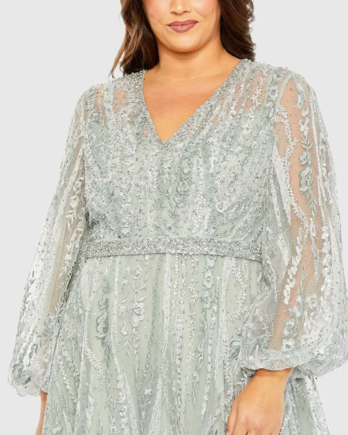 Plus Size Dresses Mac Duggal Women V Neck Puff Sleeve Embroidered A Line Gown Mauve