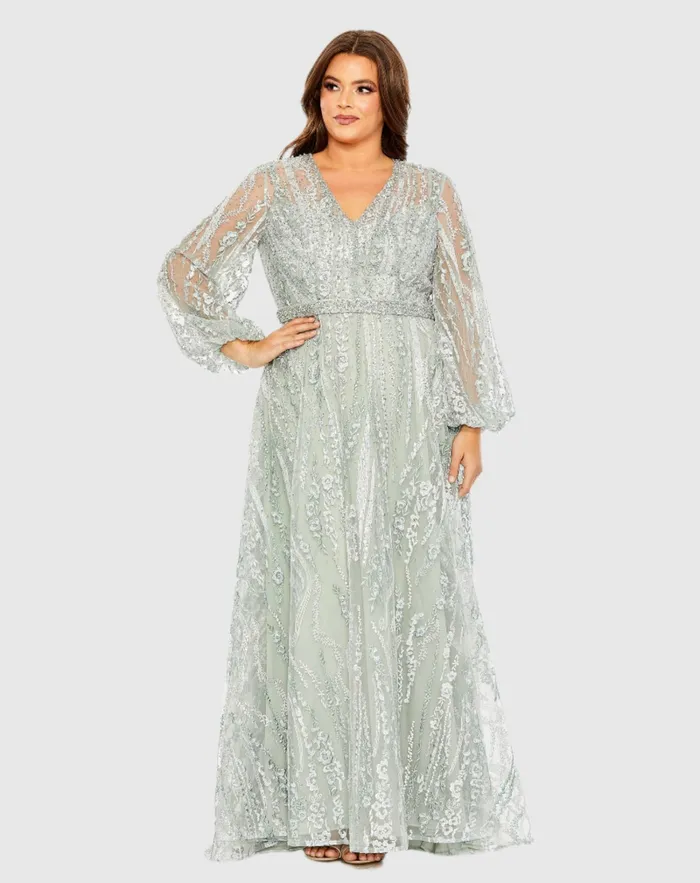 Plus Size Dresses Mac Duggal Women V Neck Puff Sleeve Embroidered A Line Gown Mauve