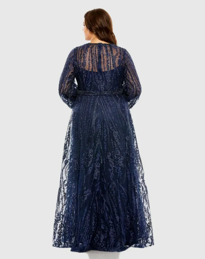 Plus Size Dresses Mac Duggal Women V Neck Puff Sleeve Embroidered A Line Gown Mauve