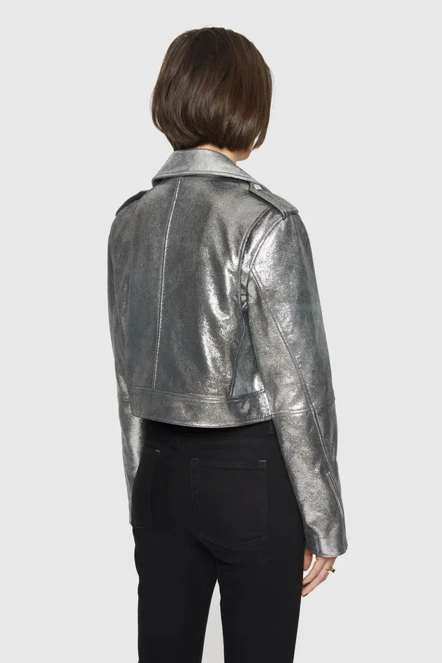 Rebecca Minkoff Cropped Jett Moto Jacket Silver Women Leather